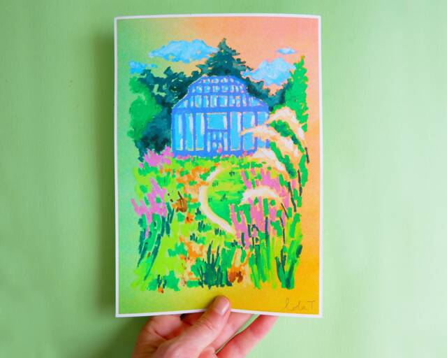 A5 Art Print - Greenhouse Pastel Drawing Mini Art Print, Blue, Green, Orange, Botanical - image 1