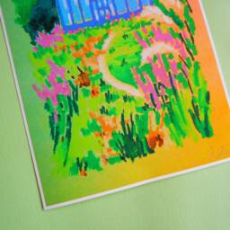 A5 Art Print - Greenhouse Pastel Drawing Mini Art Print, Blue, Green, Orange, Botanical - thumbnail 3