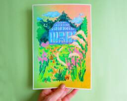 A5 Art Print - Greenhouse Pastel Drawing Mini Art Print, Blue, Green, Orange, Botanical - thumbnail 1