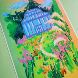 A5 Art Print - Greenhouse Pastel Drawing Mini Art Print, Blue, Green, Orange, Botanical - thumbnail 2