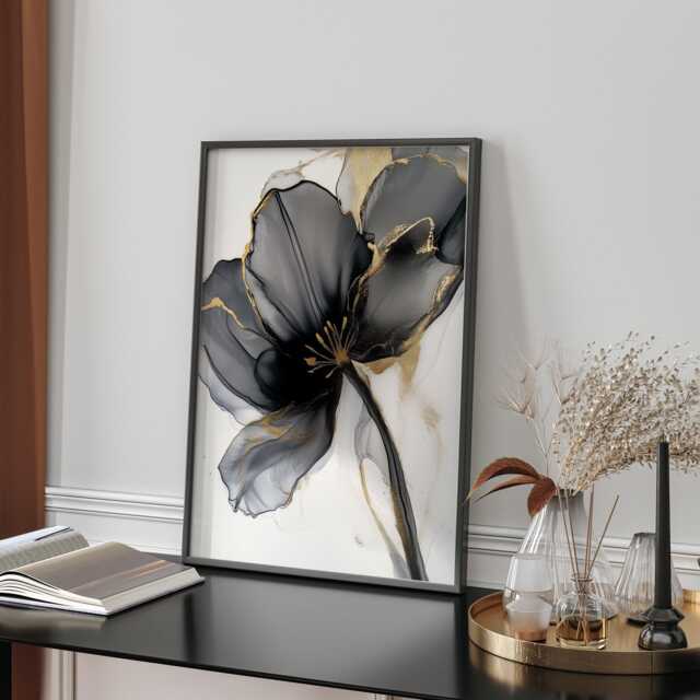 Black & Gold Flower Wall Art Print - Botanical Painting Decor Perfect For Bedroom Or Entryway - image 1