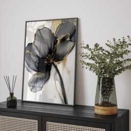 Black & Gold Flower Wall Art Print - Botanical Painting Decor Perfect For Bedroom Or Entryway - thumbnail 3