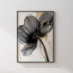 Black & Gold Flower Wall Art Print - Botanical Painting Decor Perfect For Bedroom Or Entryway - thumbnail 2