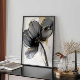 Black & Gold Flower Wall Art Print - Botanical Painting Decor Perfect For Bedroom Or Entryway - thumbnail 1