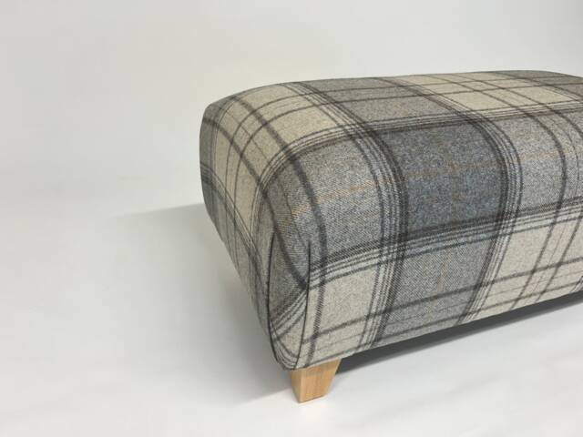 Large Upholstered Footstool in Grey Check Large Stool As Coffee Table Ottoman With Wooden Legs Wool Tartan - image 1