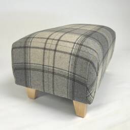Large Upholstered Footstool in Grey Check Large Stool As Coffee Table Ottoman With Wooden Legs Wool Tartan - thumbnail 3