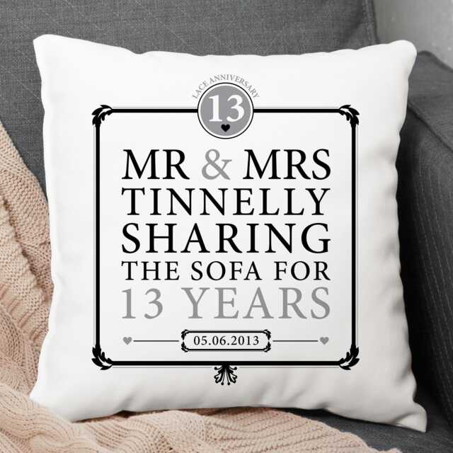 Personalised 13Th Anniversary Sharing The Sofa Cushion, Printed With Any Name & Date/Gift Lace - image 1