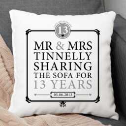 Personalised 13Th Anniversary Sharing The Sofa Cushion, Printed With Any Name & Date/Gift Lace - thumbnail 1