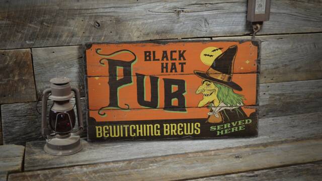 Black Hat Pubs, Witch Brewing Decor, Halloween Sign, Wooden Sale Wall Decor - Old Sign - image 1