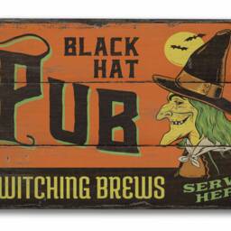 Black Hat Pubs, Witch Brewing Decor, Halloween Sign, Wooden Sale Wall Decor - Old Sign - thumbnail 2