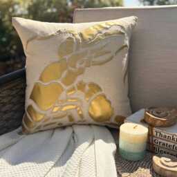 Cotton Linen Gold Metallic Applique Sea Creature, Beige Beach Style Throw Pillow Cover - Lobster - thumbnail 3