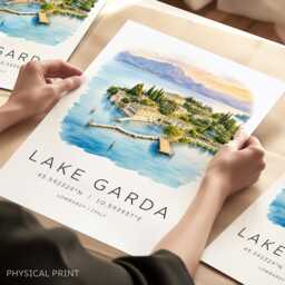 Lake Garda Poster, Italy Prints, Italian Lakes Art Print, Anniversary Gift, Honeymoon Travel Illustration, Home Decor - thumbnail 1