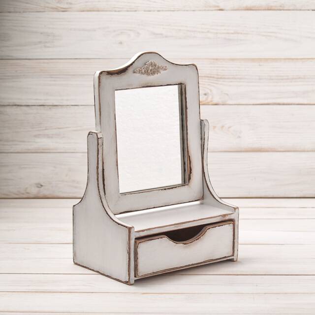 Vanity Mirror Tabletop Jewelry Box, Wooden Makeup With Drawer For Bathroom, Distressed Home Decor, Keepsake Holder Girl Women - image 1