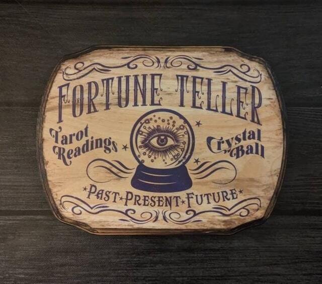 Fortune Teller Wood Wall Sign - Tarot Card Readings Crystal Ball Wooden Plaque Sign Handmade Ink Transfer - image 1