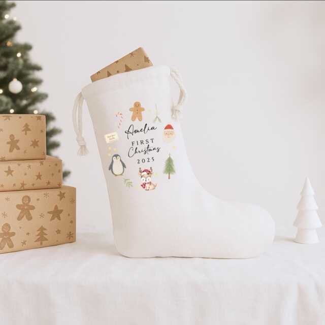 Personalised First Christmas Stocking & Sack Baby 1St Present Newborn Xmas Gift Bags - image 1