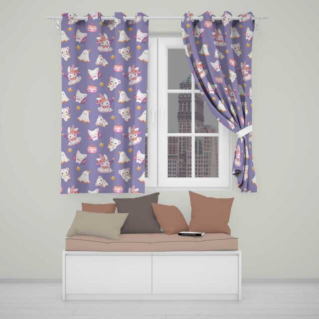 Cute Halloween Bunny Witch Teddy Pumpkin Seamless Pattern Purple Background Readymade Eyelet Ring Top Thermal 100% Blackout Curtains - image 1