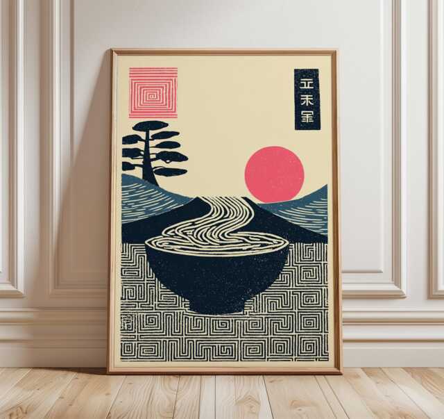 Japanese Noodle Bowl Poster, Minimal Ramen Wall Art, Modern Kitchen Print, Retro Line Zen Landscape Food Illustration - image 1