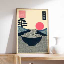 Japanese Noodle Bowl Poster, Minimal Ramen Wall Art, Modern Kitchen Print, Retro Line Zen Landscape Food Illustration - thumbnail 2
