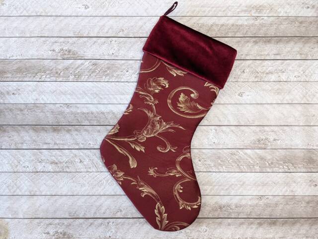 Burgundy Velvet Christmas Stocking Jacquard Gold Swirls - image 1