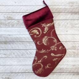 Burgundy Velvet Christmas Stocking Jacquard Gold Swirls - thumbnail 2