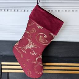 Burgundy Velvet Christmas Stocking Jacquard Gold Swirls - thumbnail 3