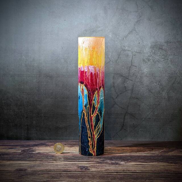Tall Slim Hand-Painted Glass Vase - Bright With Gold Detail Vibrant Decorative Cylinder Unique Art Design Desk Accessory 25cm/9.8 - image 1