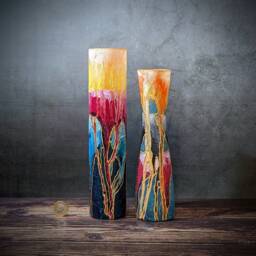 Tall Slim Hand-Painted Glass Vase - Bright With Gold Detail Vibrant Decorative Cylinder Unique Art Design Desk Accessory 25cm/9.8 - thumbnail 3