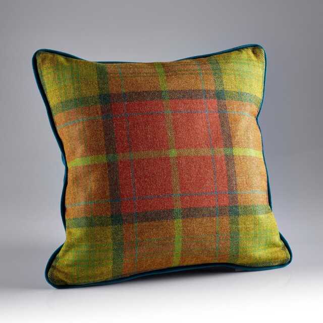 Orange Check Shetland Wool Cushion - Velvet Reverse, Feather Filled Tartan Made in England - image 1