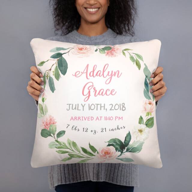Watercolor Floral Birth Stats Pillow - Personalized Baby Girl Gift - image 1