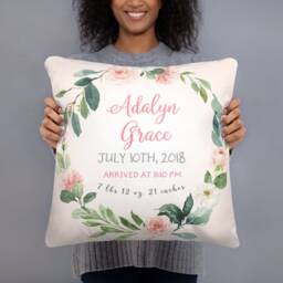 Watercolor Floral Birth Stats Pillow - Personalized Baby Girl Gift - thumbnail 1