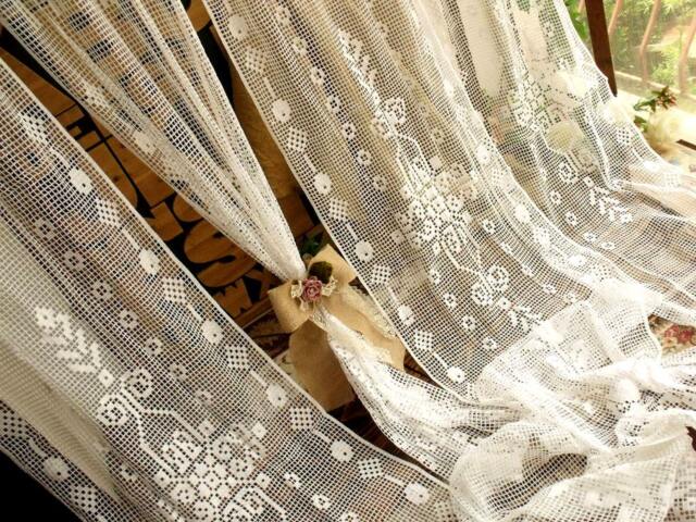 Victorian Lace Curtain Panel Burlap Ruffle, French Country Style - 98 - image 1