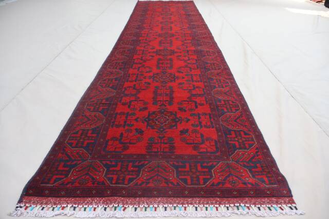 Red 13 Ft Runner Rug Afghan Vintage Rug, Bukhara Design Khal Muhammadi Handmade High Pile Wool Turkmen Tribal Rug 85x400 cm 3x10 - image 1