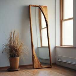 Asymmetrical Solid Wood Mirror - Organic Wall Frame Rustic Bathroom & Living Room Decor Wabi Sabi Style Full-Length Mirror - thumbnail 3