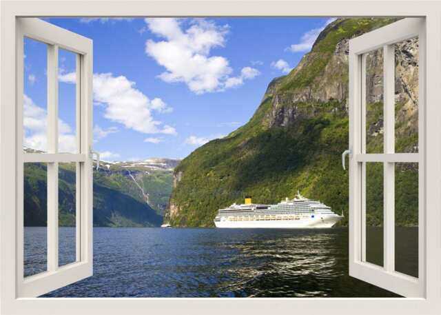 Cruise Wall Decal, Ship Traveling Sticker, 3D Window View Nature Mountains Cliff Sticker Mural, Home Decor