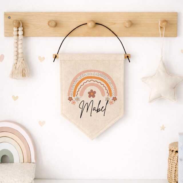 Personalised Nursery Decor - Wall Hanging Flag Rainbow Gifts New Baby Girls Bedroom Sign Name - image 1