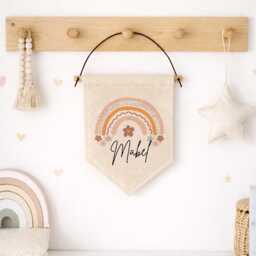 Personalised Nursery Decor - Wall Hanging Flag Rainbow Gifts New Baby Girls Bedroom Sign Name - thumbnail 1