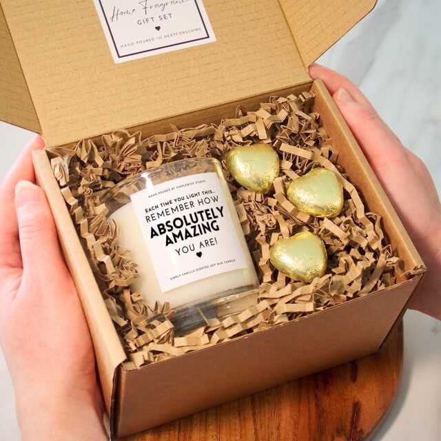 Motivational Vanilla Scented Candle Hand Poured Soy Wax, Uplifting Gift With Chocolates - image 1