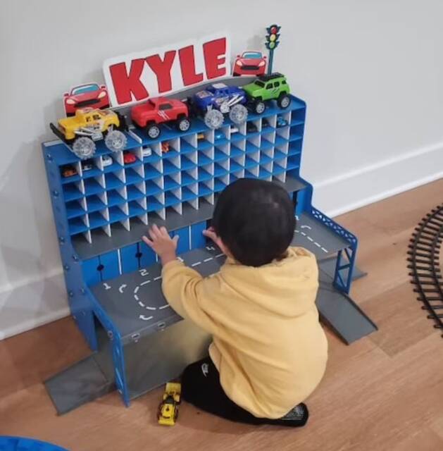 Personalized Wooden Toy Car Garage With Ramps, Led Lights - image 1