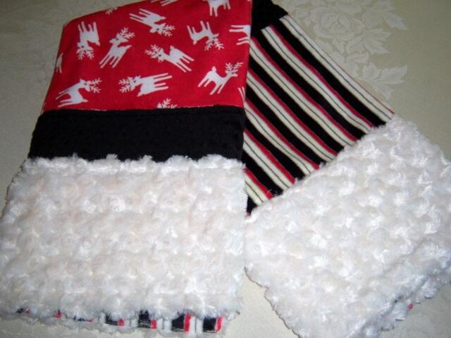 Sale White Reindeer, Red Black & Stripe W/White Fur Minky Baby/Toddler Blanket - image 1