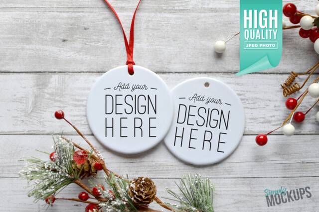 Christmas Ornament Mockup - Double Sided, Round White Porcelain Ornament - Digital File - image 1