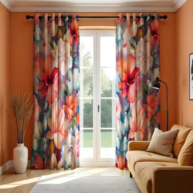 Vibrant Floral Curtains, Multicolored Large Blossom Drapes, Kitchen Window Treatments, Spring Themed Custom Curtain Panels - image 1