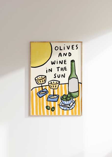 Olives & Wine in The Sun Wall Print - Summer Poster Vino Art Food Drink Still Life Euro - image 1