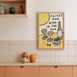 Olives & Wine in The Sun Wall Print - Summer Poster Vino Art Food Drink Still Life Euro - thumbnail 2