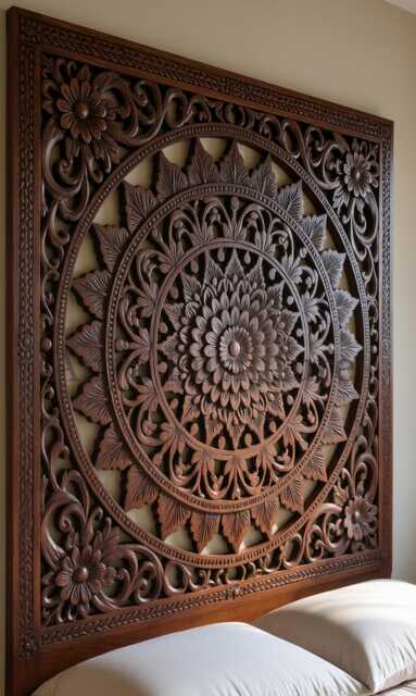 Dark Wood Hand Carved Headboard Mandala Floral Wall Panel Boho Bedroom Decor Solid Bed Backdrop Detailed Artisan Carving Art