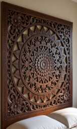 Dark Wood Hand Carved Headboard Mandala Floral Wall Panel Boho Bedroom Decor Solid Bed Backdrop Detailed Artisan Carving Art - thumbnail 1