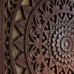 Dark Wood Hand Carved Headboard Mandala Floral Wall Panel Boho Bedroom Decor Solid Bed Backdrop Detailed Artisan Carving Art - thumbnail 2