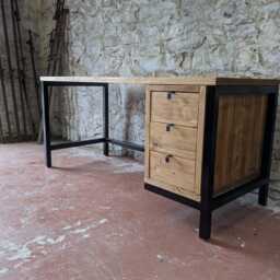 Reclaimed Wood Industrial Office Desk With Drawers Handmade Pc Workstation Custom Made in Scotland - thumbnail 3