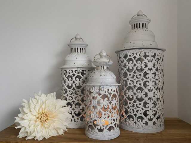 Set 3 Large Cream Metal Garden Lanterns French Moroccan Rustic - image 1