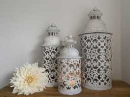Set 3 Large Cream Metal Garden Lanterns French Moroccan Rustic