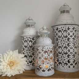 Set 3 Large Cream Metal Garden Lanterns French Moroccan Rustic - thumbnail 2
